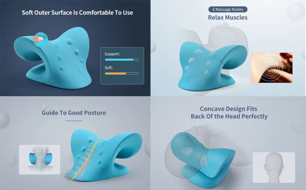 Blue neck pillow with features highlighted on a gray background