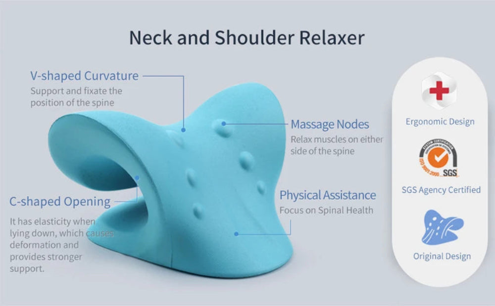 Blue neck and shoulder relaxer with features and certification logos on a light gray background